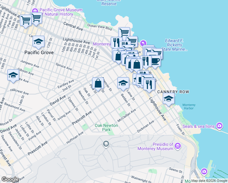 map of restaurants, bars, coffee shops, grocery stores, and more near 764 Spencer Street in Monterey