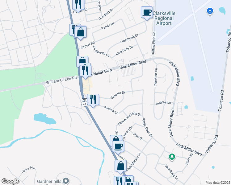 map of restaurants, bars, coffee shops, grocery stores, and more near 235 Senator Drive in Clarksville