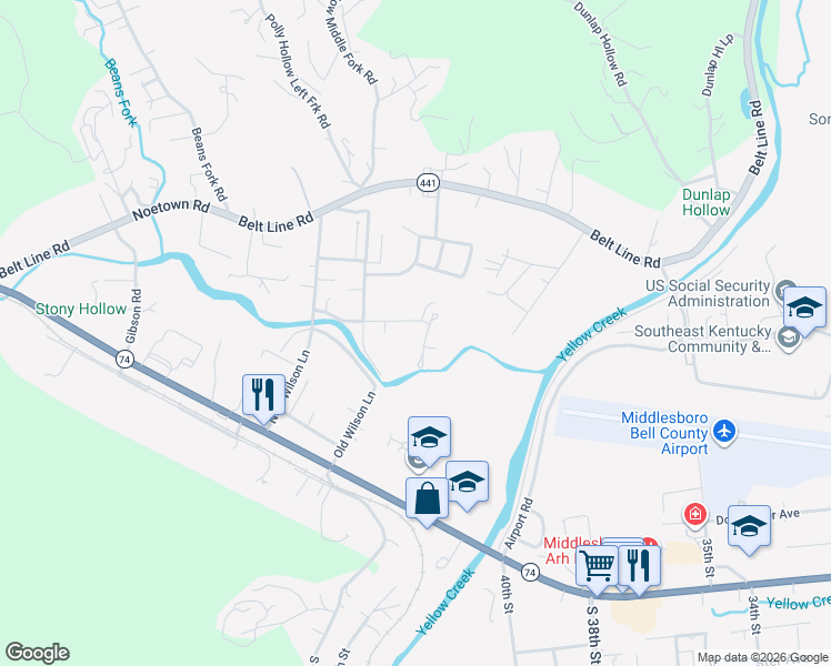 map of restaurants, bars, coffee shops, grocery stores, and more near 13 Blakeman Drive in Middlesboro