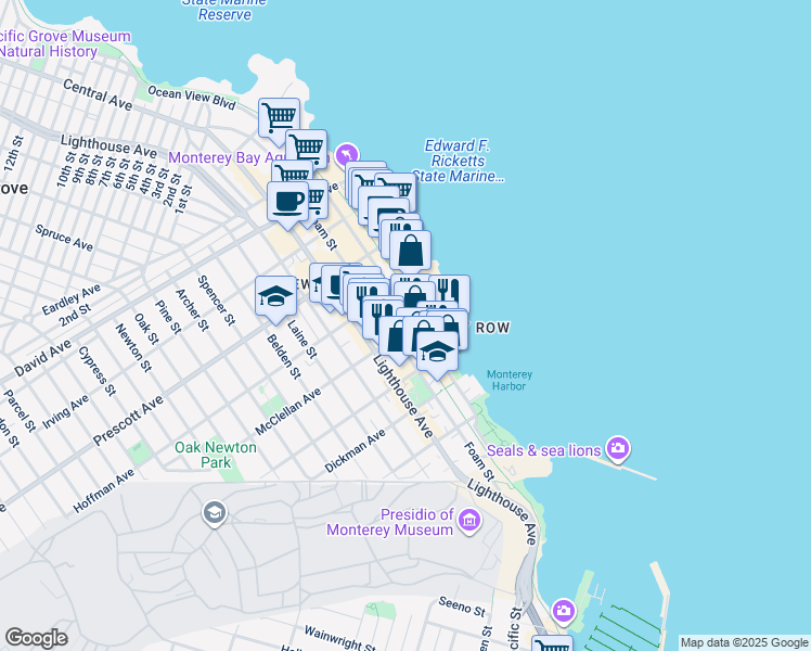 map of restaurants, bars, coffee shops, grocery stores, and more near 140 McClellan Avenue in Monterey