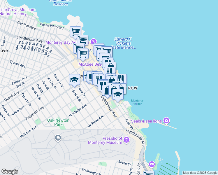 map of restaurants, bars, coffee shops, grocery stores, and more near 140 McClellan Avenue in Monterey