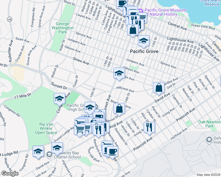 map of restaurants, bars, coffee shops, grocery stores, and more near 601 Spazier Avenue in Pacific Grove