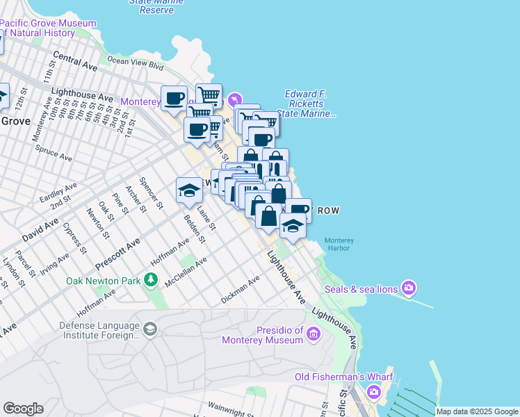 map of restaurants, bars, coffee shops, grocery stores, and more near 555 Foam Street in Monterey