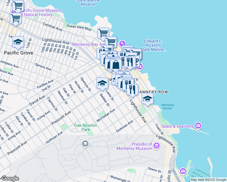 map of restaurants, bars, coffee shops, grocery stores, and more near 653 Lantern Lane in Monterey