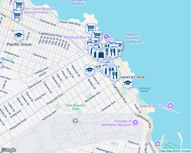 map of restaurants, bars, coffee shops, grocery stores, and more near 653 Lantern Lane in Monterey