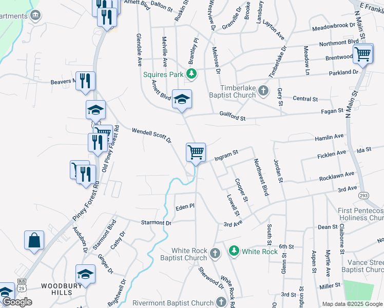 map of restaurants, bars, coffee shops, grocery stores, and more near 607 Arnett Boulevard in Danville