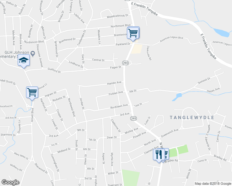 map of restaurants, bars, coffee shops, grocery stores, and more near 127 Ficklen Avenue in Danville