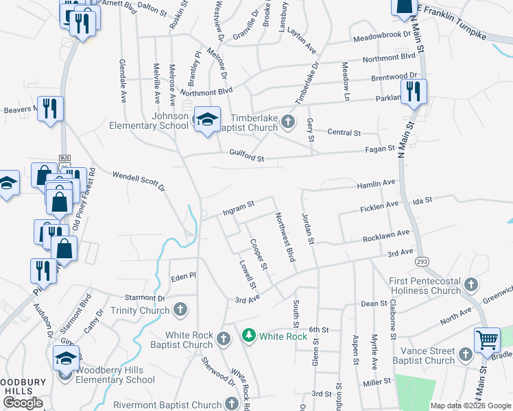 map of restaurants, bars, coffee shops, grocery stores, and more near 501-599 Ingram St in Danville