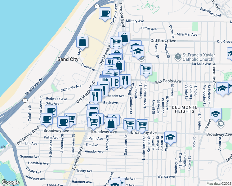map of restaurants, bars, coffee shops, grocery stores, and more near None in Seaside