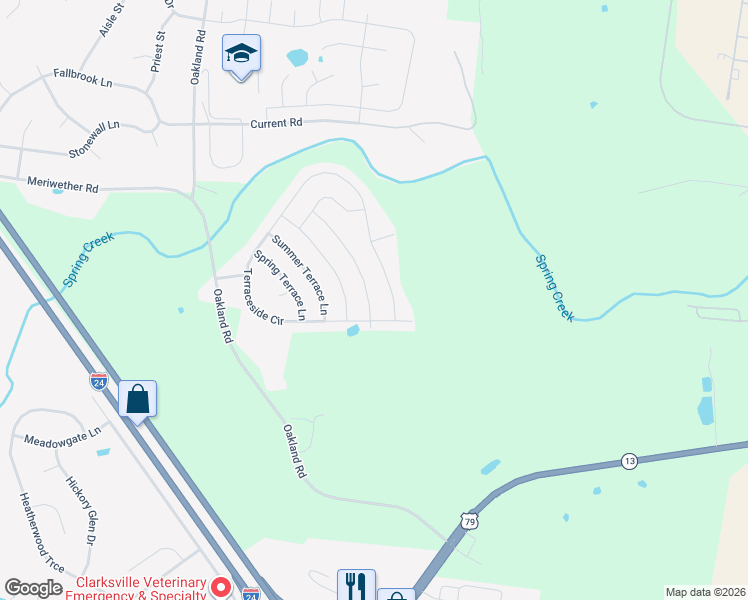 map of restaurants, bars, coffee shops, grocery stores, and more near 309 Winter Terrace Lane in Clarksville