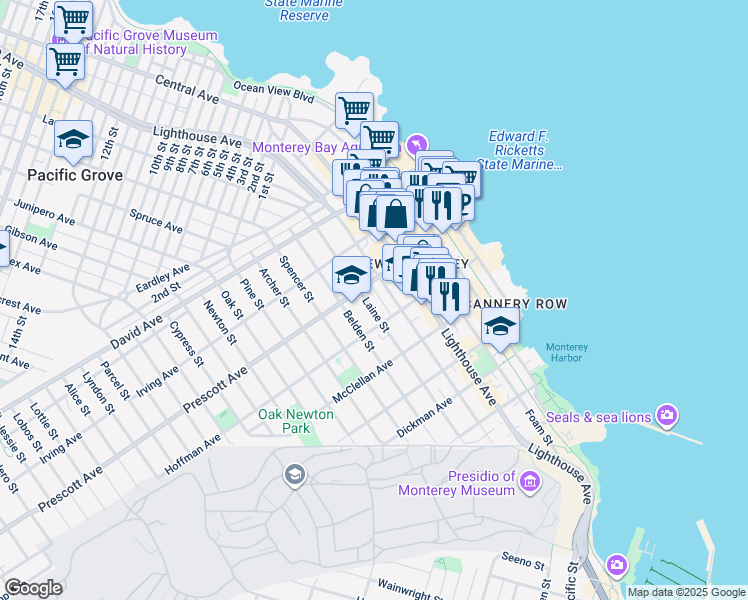 map of restaurants, bars, coffee shops, grocery stores, and more near 662 Laine Street in Monterey