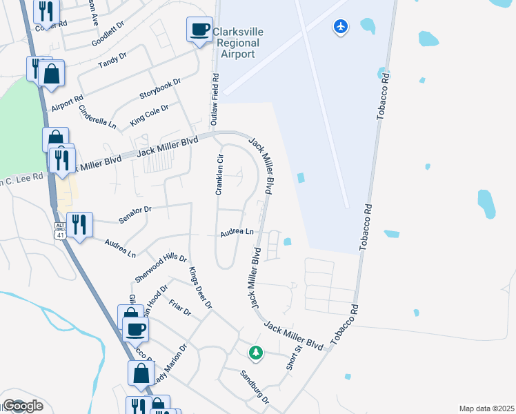 map of restaurants, bars, coffee shops, grocery stores, and more near 374 Jack Miller Boulevard in Clarksville