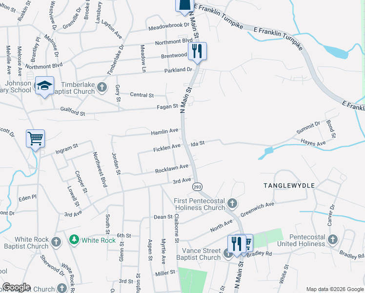 map of restaurants, bars, coffee shops, grocery stores, and more near 2151 North Main Street in Danville