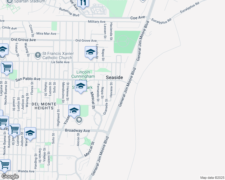 map of restaurants, bars, coffee shops, grocery stores, and more near 1764 Havana Street in Seaside