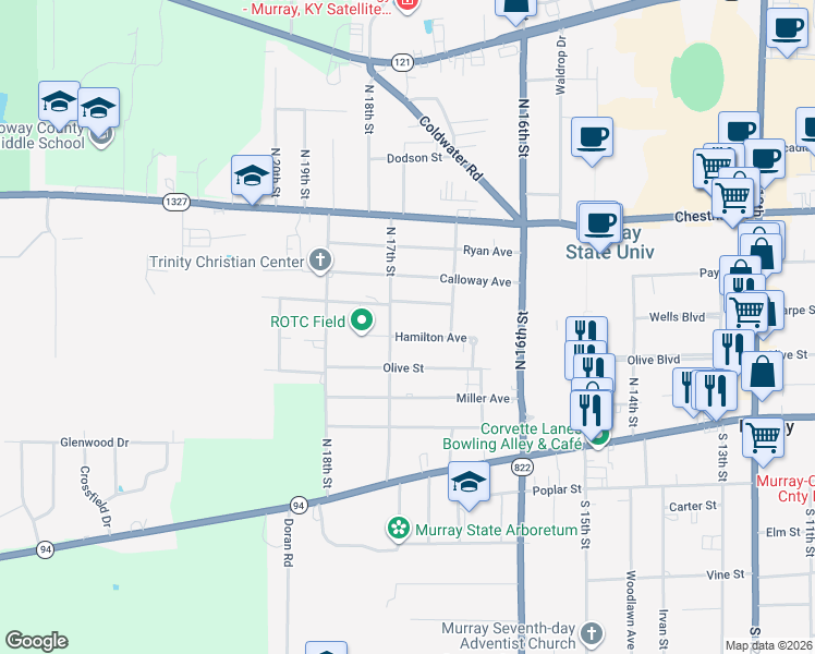map of restaurants, bars, coffee shops, grocery stores, and more near 1808 Monroe Street in Murray
