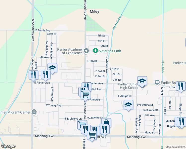 map of restaurants, bars, coffee shops, grocery stores, and more near 8457 S Corto Ave in Parlier