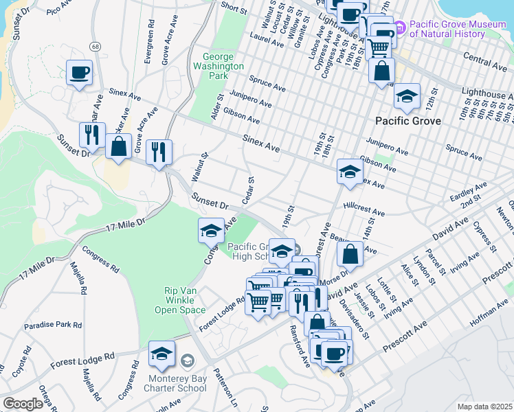 map of restaurants, bars, coffee shops, grocery stores, and more near 905 Congress Avenue in Pacific Grove