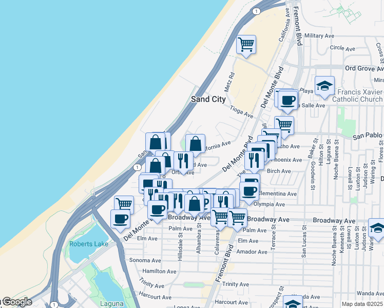 map of restaurants, bars, coffee shops, grocery stores, and more near 649 Dias Avenue in Sand City
