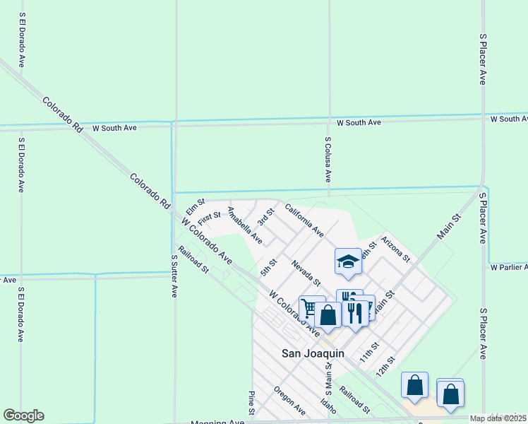 map of restaurants, bars, coffee shops, grocery stores, and more near 8305 3rd Street in San Joaquin