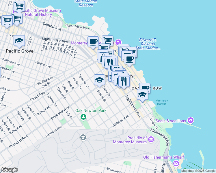 map of restaurants, bars, coffee shops, grocery stores, and more near 653 Lantern Lane in Monterey