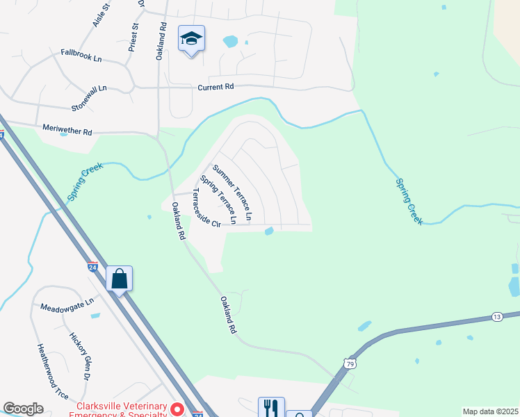 map of restaurants, bars, coffee shops, grocery stores, and more near 212 Autumn Terrace Lane in Clarksville