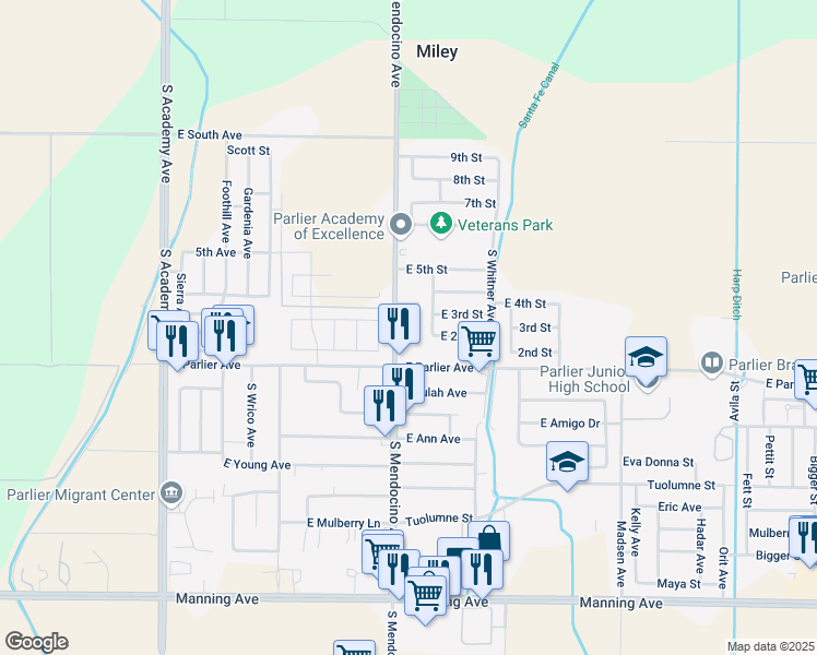 map of restaurants, bars, coffee shops, grocery stores, and more near 8457 South Corto Avenue in Parlier