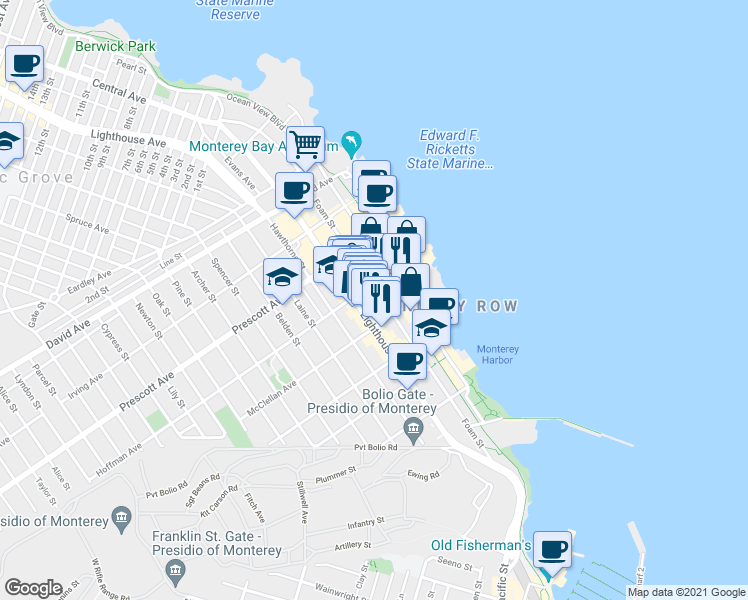 map of restaurants, bars, coffee shops, grocery stores, and more near 555 Foam Street in Monterey