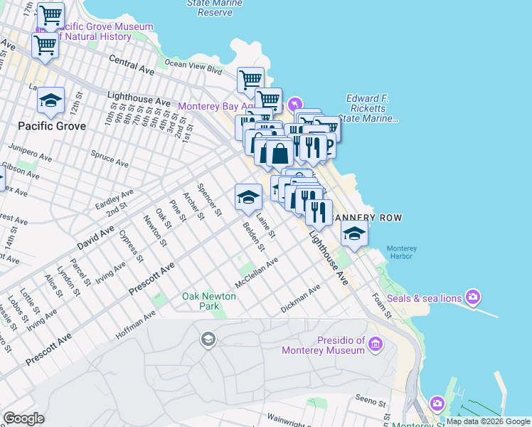 map of restaurants, bars, coffee shops, grocery stores, and more near 662 Laine Street in Monterey