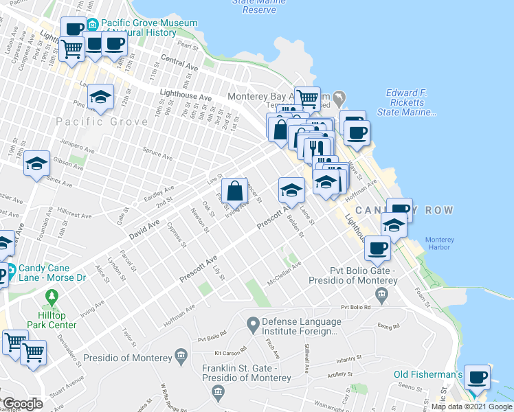 map of restaurants, bars, coffee shops, grocery stores, and more near 764 Spencer Street in Monterey