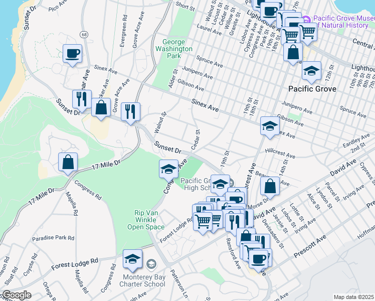 map of restaurants, bars, coffee shops, grocery stores, and more near 802 Sunset Drive in Pacific Grove