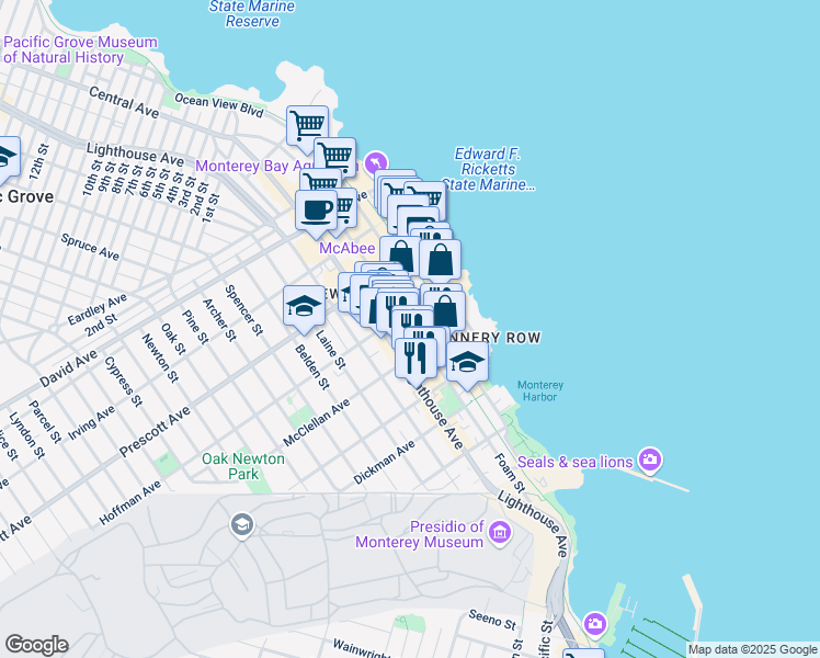 map of restaurants, bars, coffee shops, grocery stores, and more near 555 Foam Street in Monterey