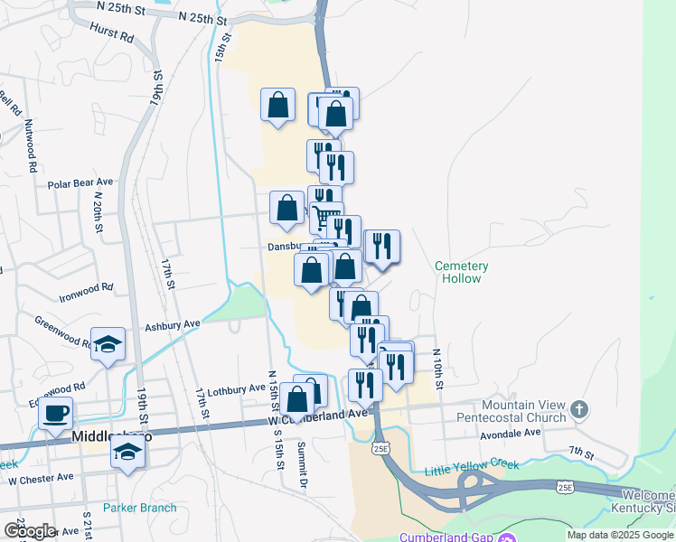 map of restaurants, bars, coffee shops, grocery stores, and more near 515 North 12th Street in Middlesboro