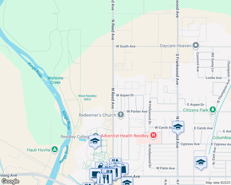 map of restaurants, bars, coffee shops, grocery stores, and more near 876 West Aspen Drive in Reedley