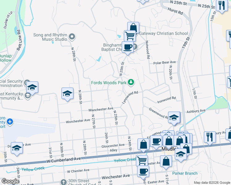 map of restaurants, bars, coffee shops, grocery stores, and more near 101 Ravenwood Road in Middlesboro