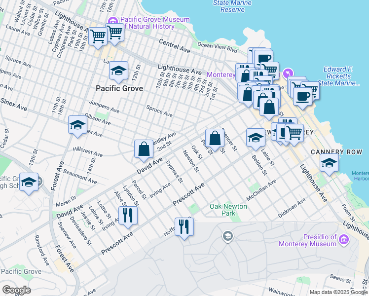 map of restaurants, bars, coffee shops, grocery stores, and more near 1099 David Avenue in Monterey