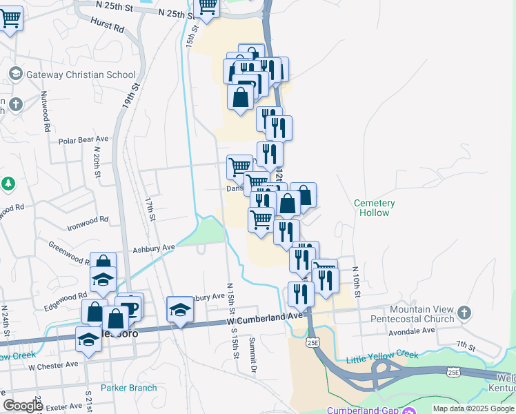 map of restaurants, bars, coffee shops, grocery stores, and more near 515 North 12th Street in Middlesboro