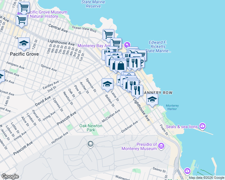map of restaurants, bars, coffee shops, grocery stores, and more near 653 Lantern Lane in Monterey