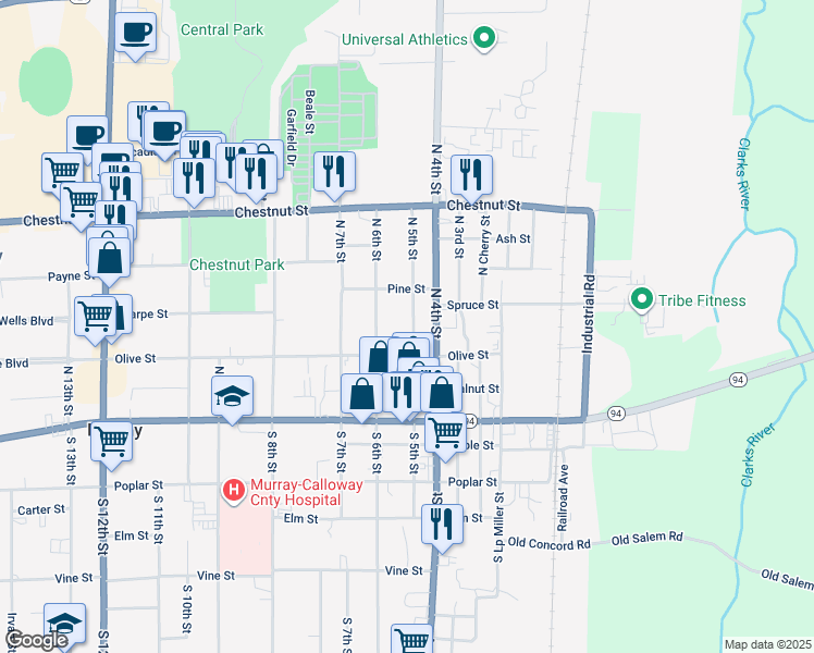 map of restaurants, bars, coffee shops, grocery stores, and more near 311 North 5th Street in Murray