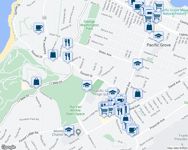 map of restaurants, bars, coffee shops, grocery stores, and more near 802 Sunset Drive in Pacific Grove