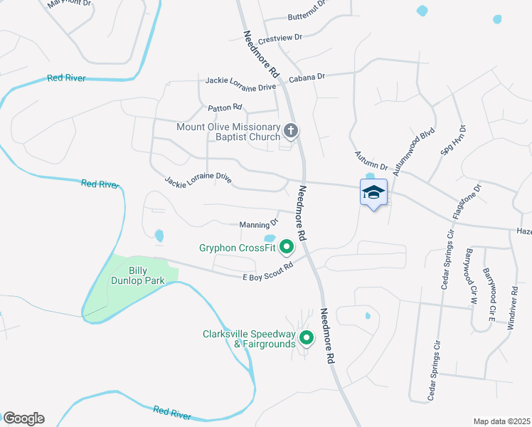 map of restaurants, bars, coffee shops, grocery stores, and more near 1716 Manning Drive in Clarksville