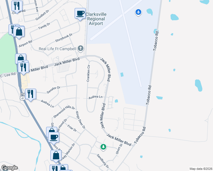 map of restaurants, bars, coffee shops, grocery stores, and more near 370 Jack Miller Boulevard in Clarksville