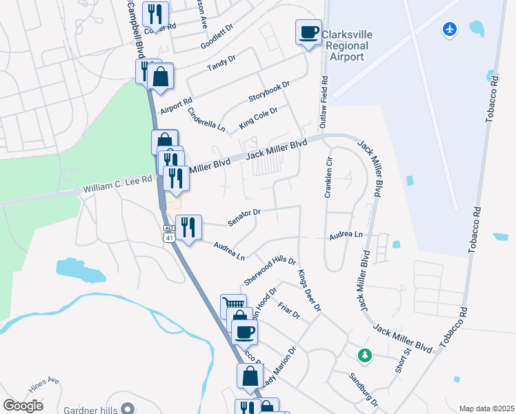 map of restaurants, bars, coffee shops, grocery stores, and more near 249 Senator Drive in Clarksville