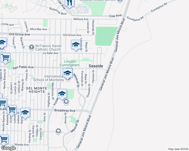map of restaurants, bars, coffee shops, grocery stores, and more near 1768 Havana Street in Seaside