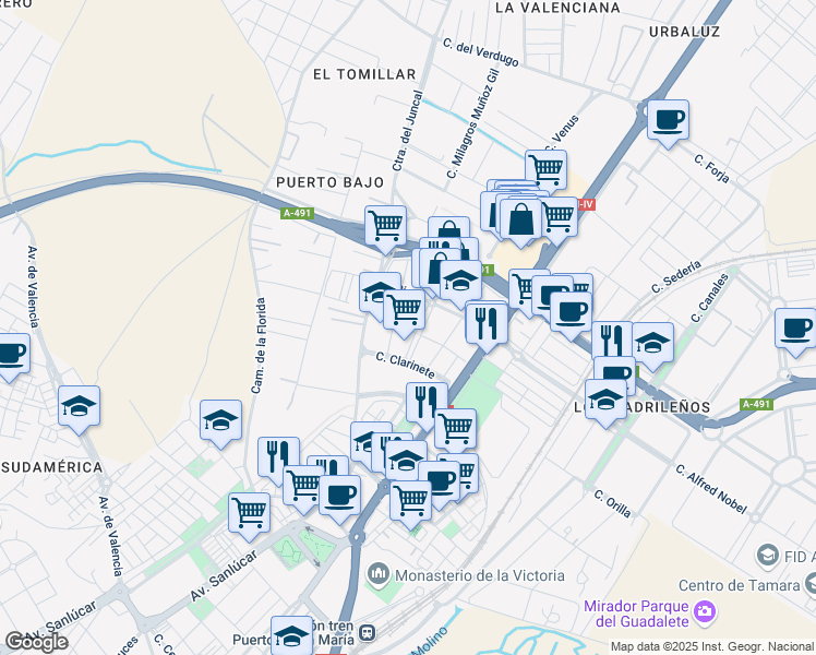 map of restaurants, bars, coffee shops, grocery stores, and more near 6 Calle del Contrabajo in El Puerto de Santa María