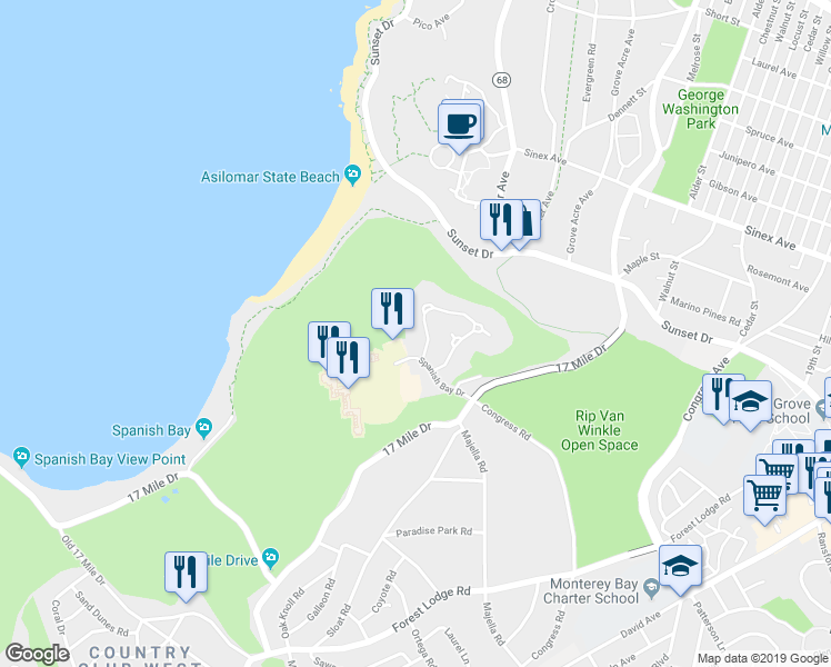 map of restaurants, bars, coffee shops, grocery stores, and more near 5 Spanish Bay Circle in Del Monte Forest