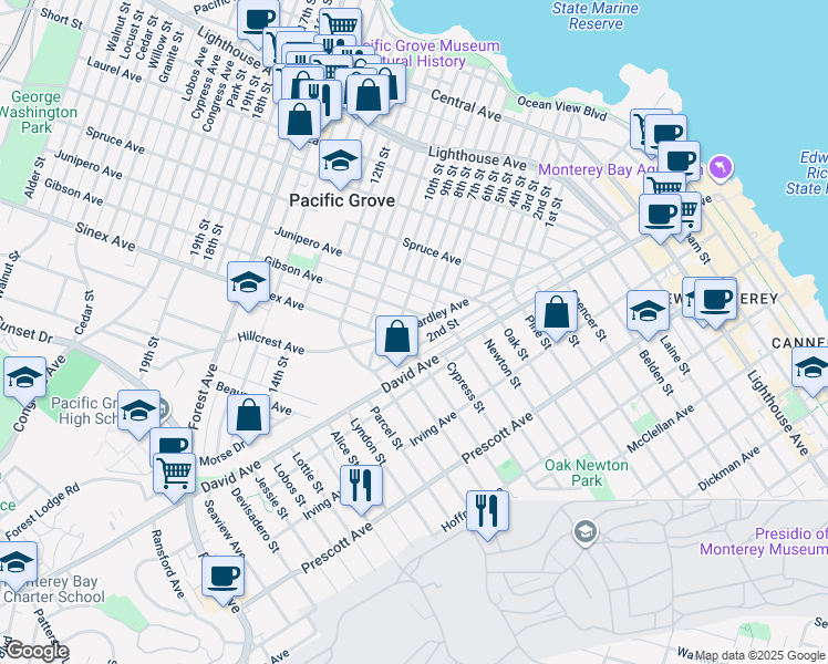 map of restaurants, bars, coffee shops, grocery stores, and more near 723 Eardley Avenue in Pacific Grove