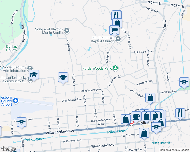 map of restaurants, bars, coffee shops, grocery stores, and more near 713 Cirencester Avenue in Middlesboro