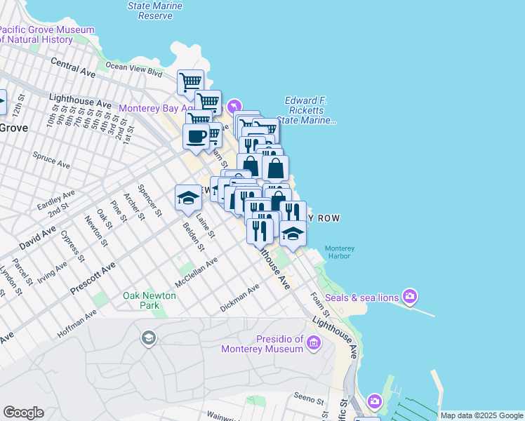 map of restaurants, bars, coffee shops, grocery stores, and more near 550 Foam Street in Monterey