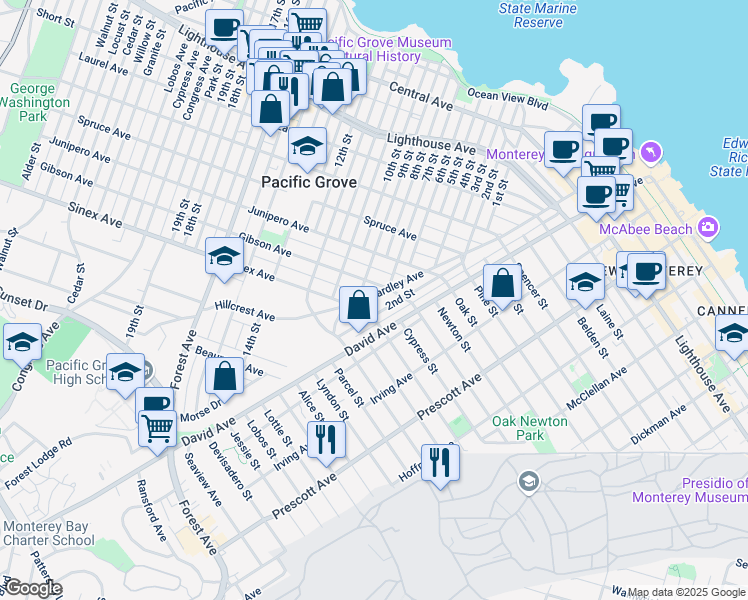 map of restaurants, bars, coffee shops, grocery stores, and more near 723 Eardley Avenue in Pacific Grove
