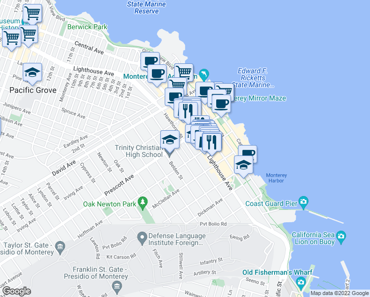 map of restaurants, bars, coffee shops, grocery stores, and more near 663 Hawthorne Street in Monterey